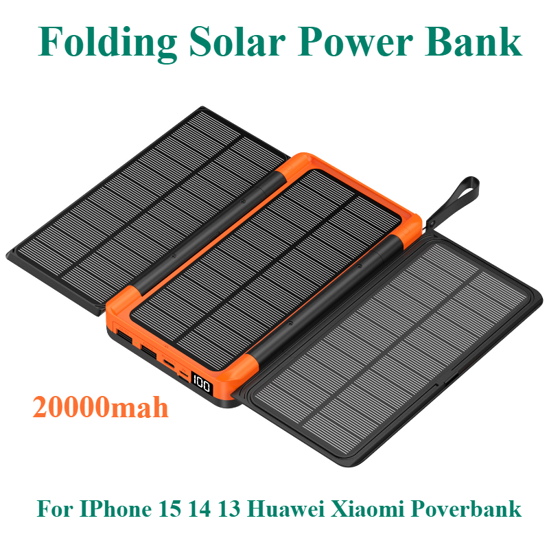 Folding Solar Panel - 折りたたみ式ソーラーパワーバンク,3つのソーラーパネル,qiワイヤレス充電器,iPhone 15,14,13, Huawei, Xiaomi用,20000mAh