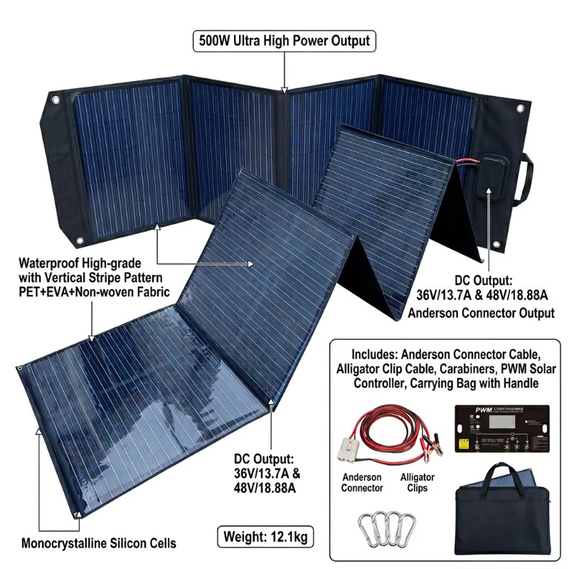 500W 5枚折りソーラーパネル 18V/36Vコネクタ 高 - Folding Solar Panel のレビューと価格